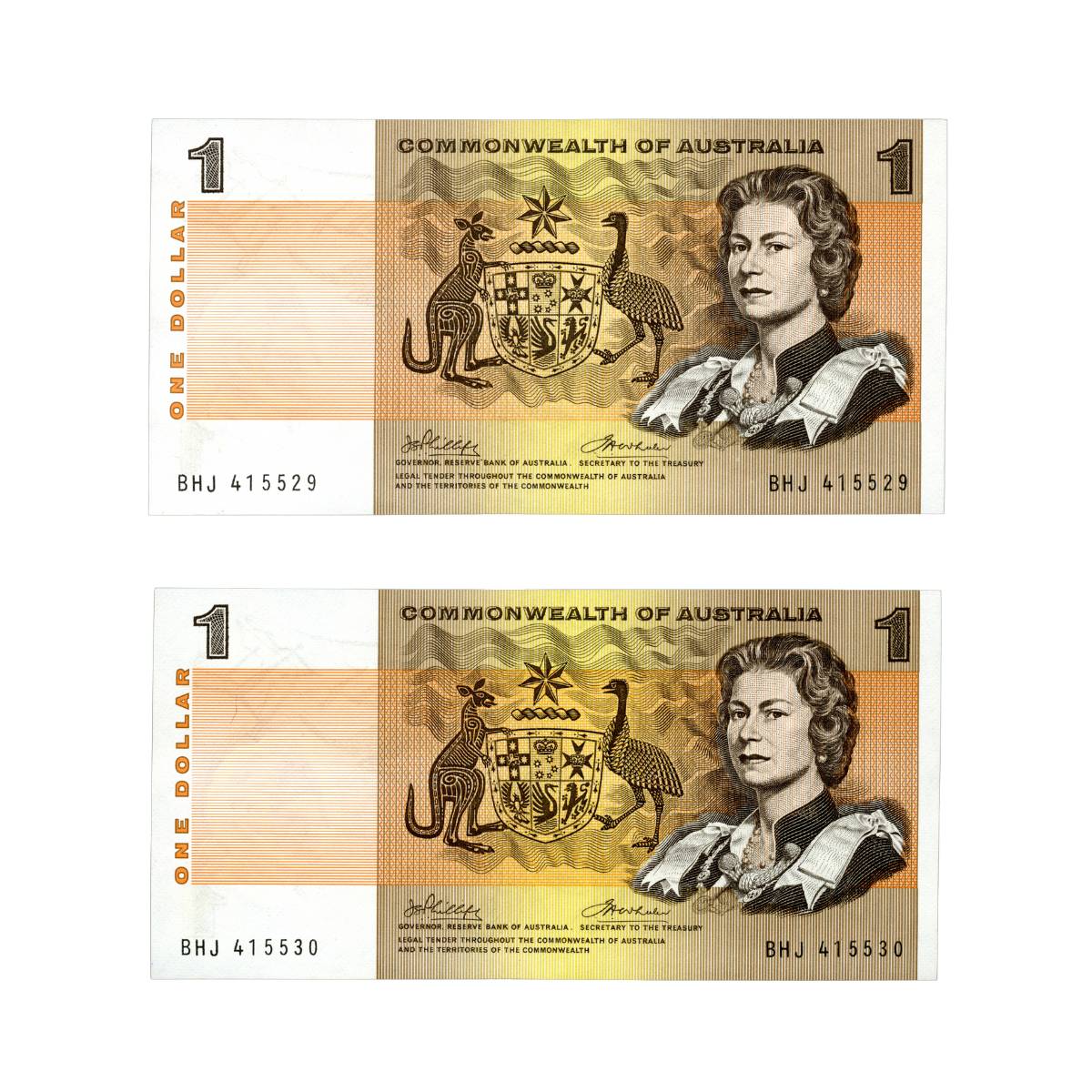 1972 $1 R74 Phillips/Wheeler Commonwealth Banner Uncirculated Banknote Consecutive Pair