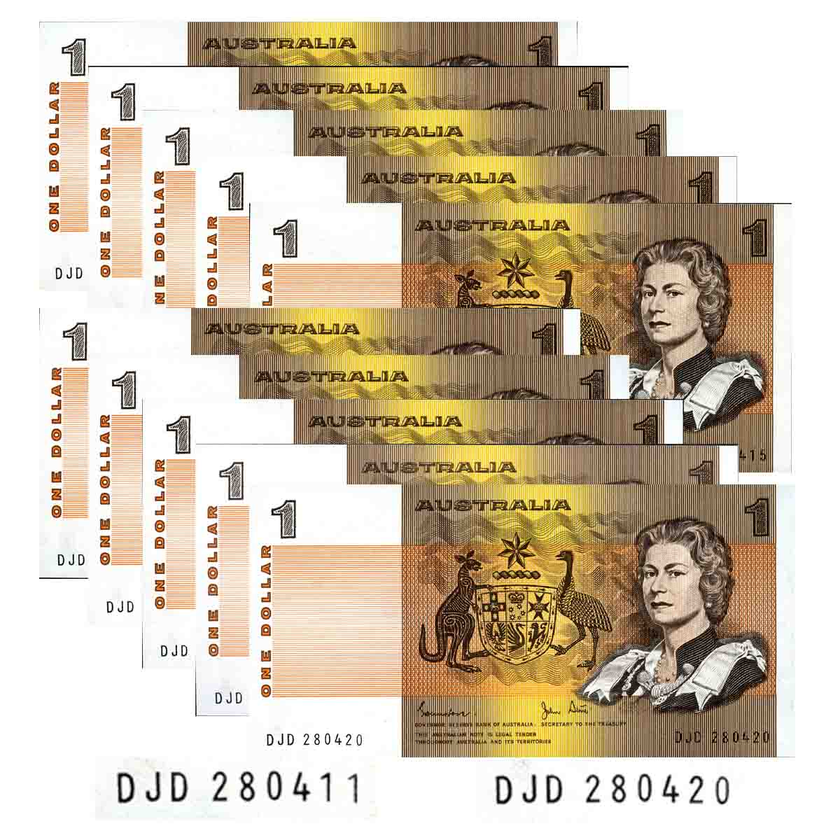 1982 $1 R78 Johnston/Stone Consecutive Run of 10 Uncirculated
