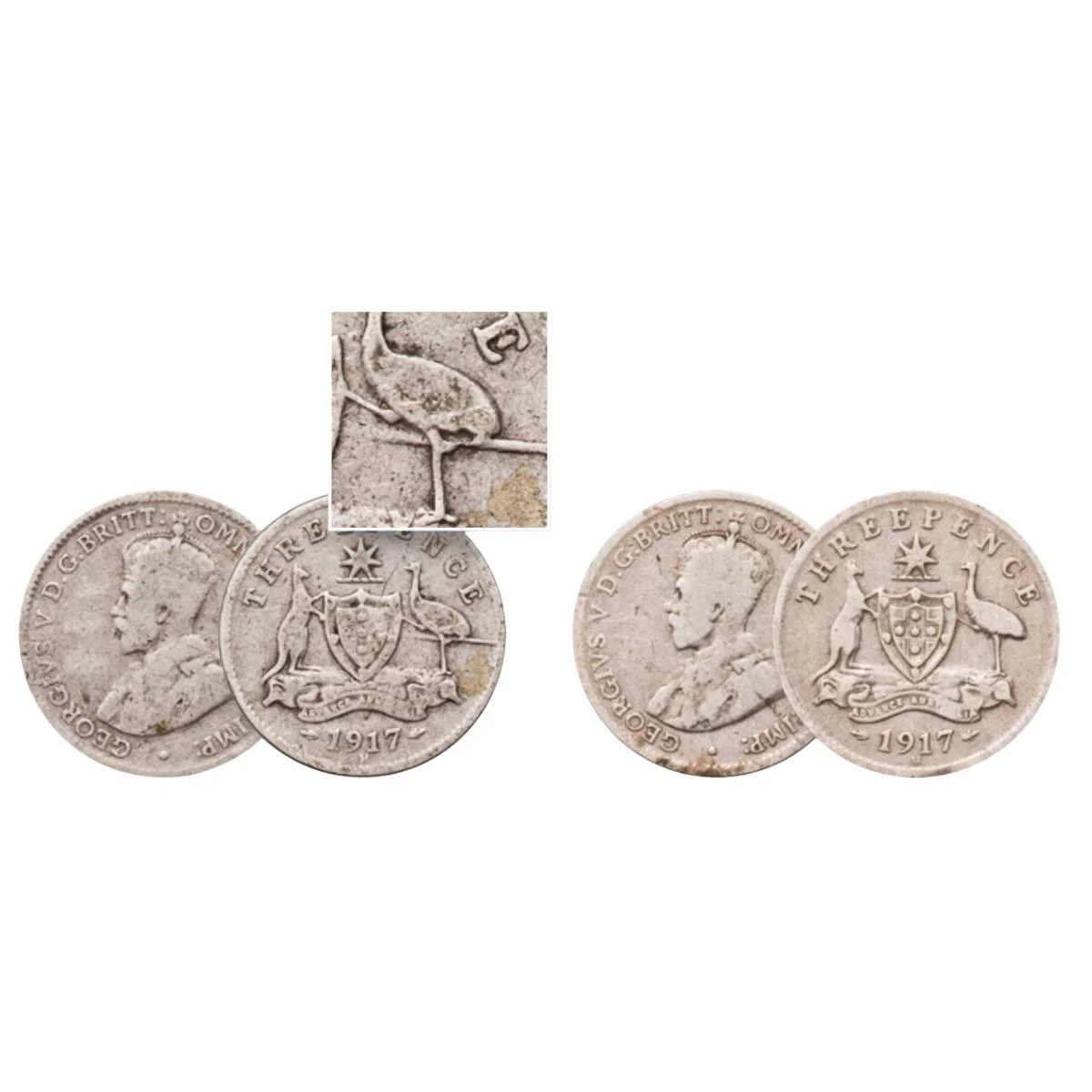1917 Threepence "Three Legged Emu" Variety with normal Good-VG (2 coins)