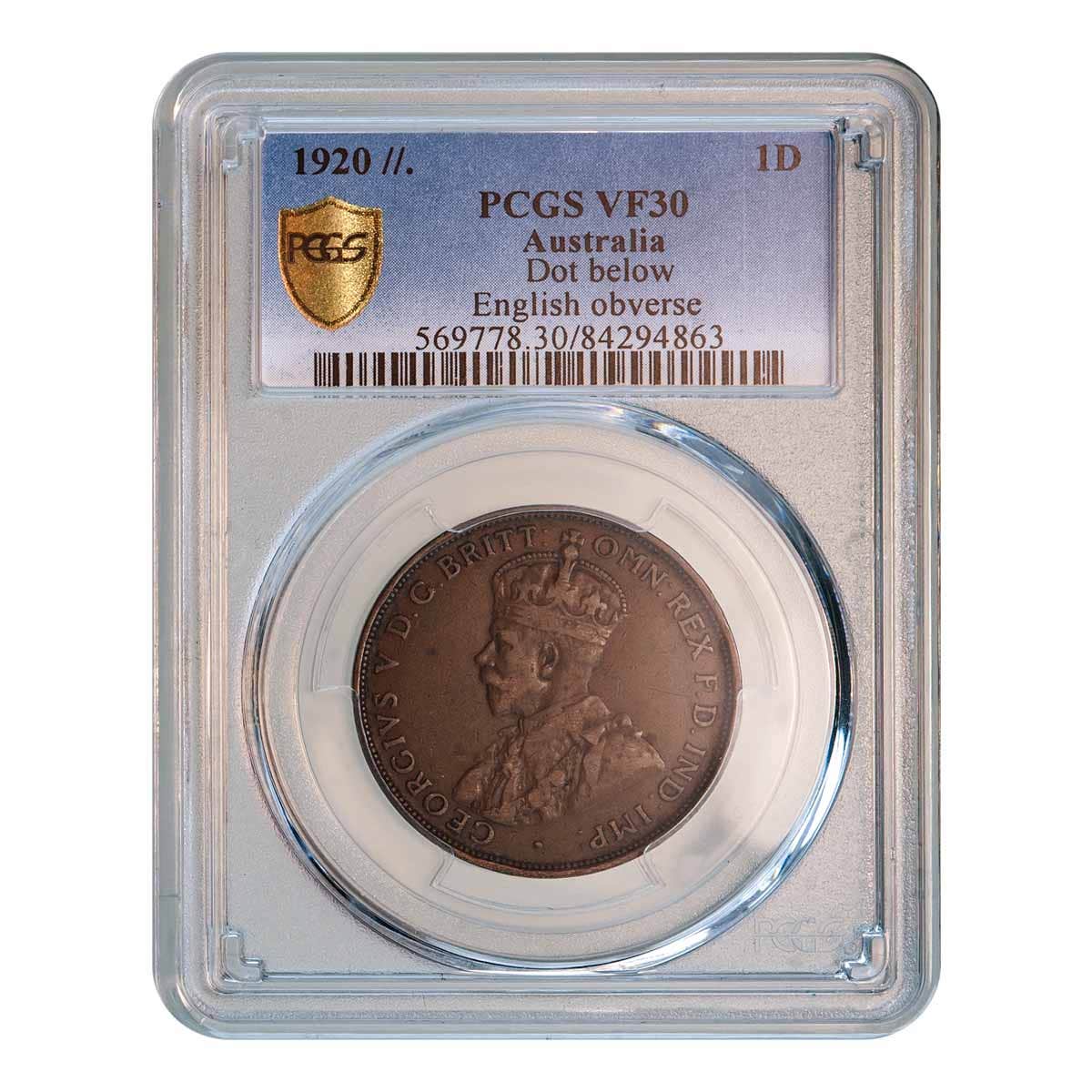1920 Penny Dot Below London Die PCGS VF30BN (Very Fine)