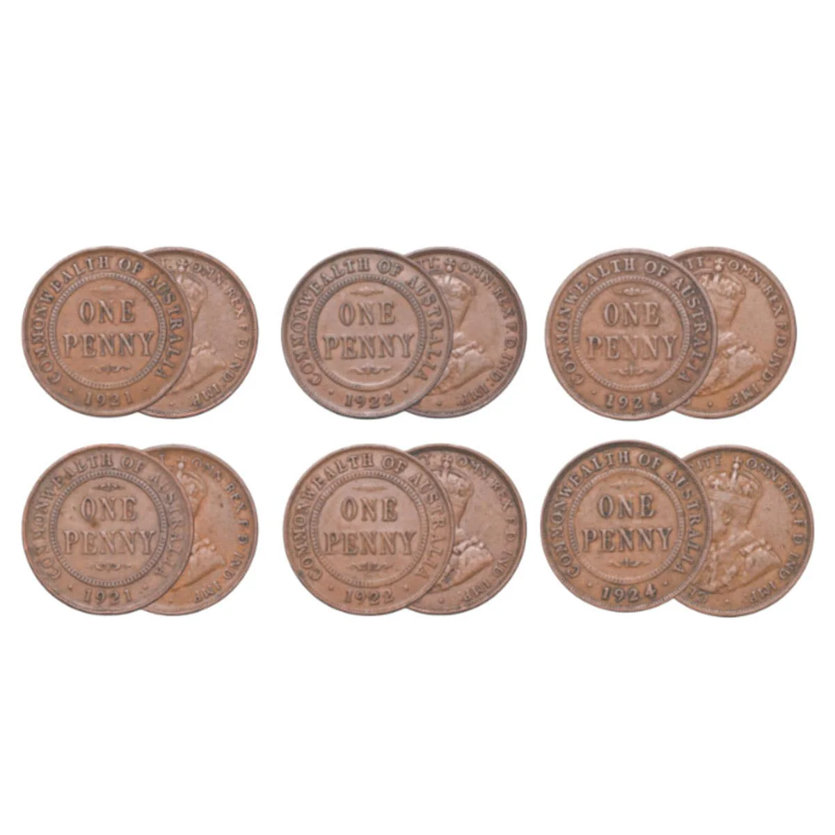 1921, 1922 & 1924 Penny Indian & London Obverse 6-Coin Set Very Good-Fine