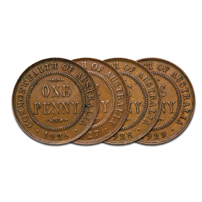 Australia George V 1926-29 Bronze Penny Very Fine 4-Coin Set