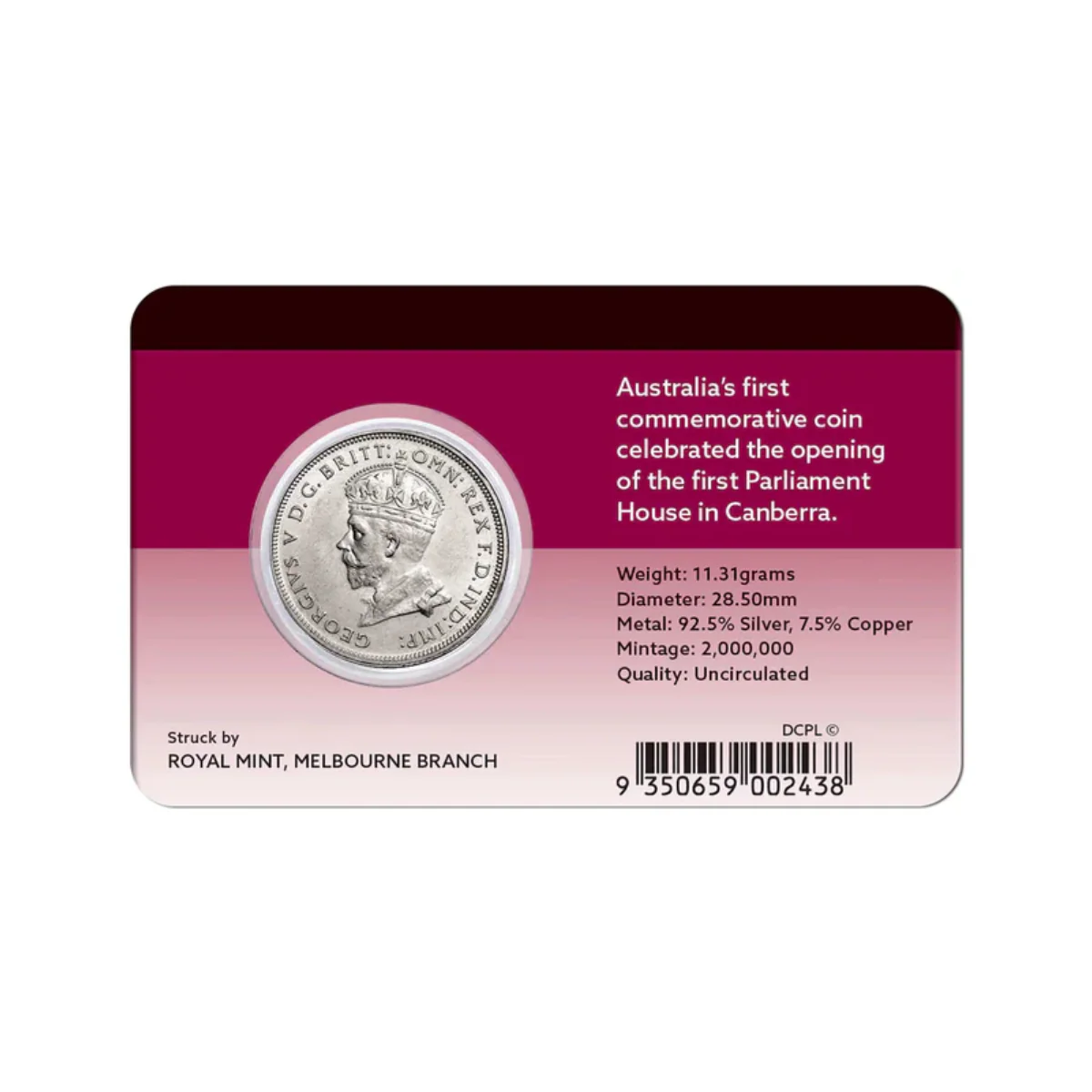 George V 1927 Canberra Florin Uncirculated - Image 2