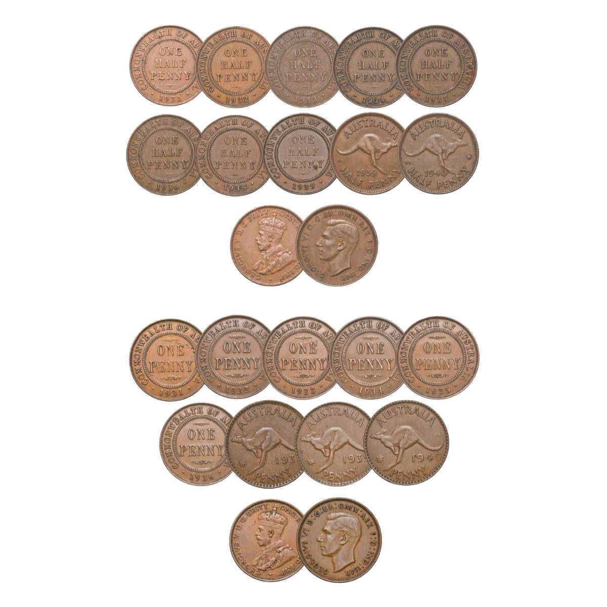 Australia George V & George VI 1931-40 Halfpenny & Penny Fine-Very Fine 19-Coin Set