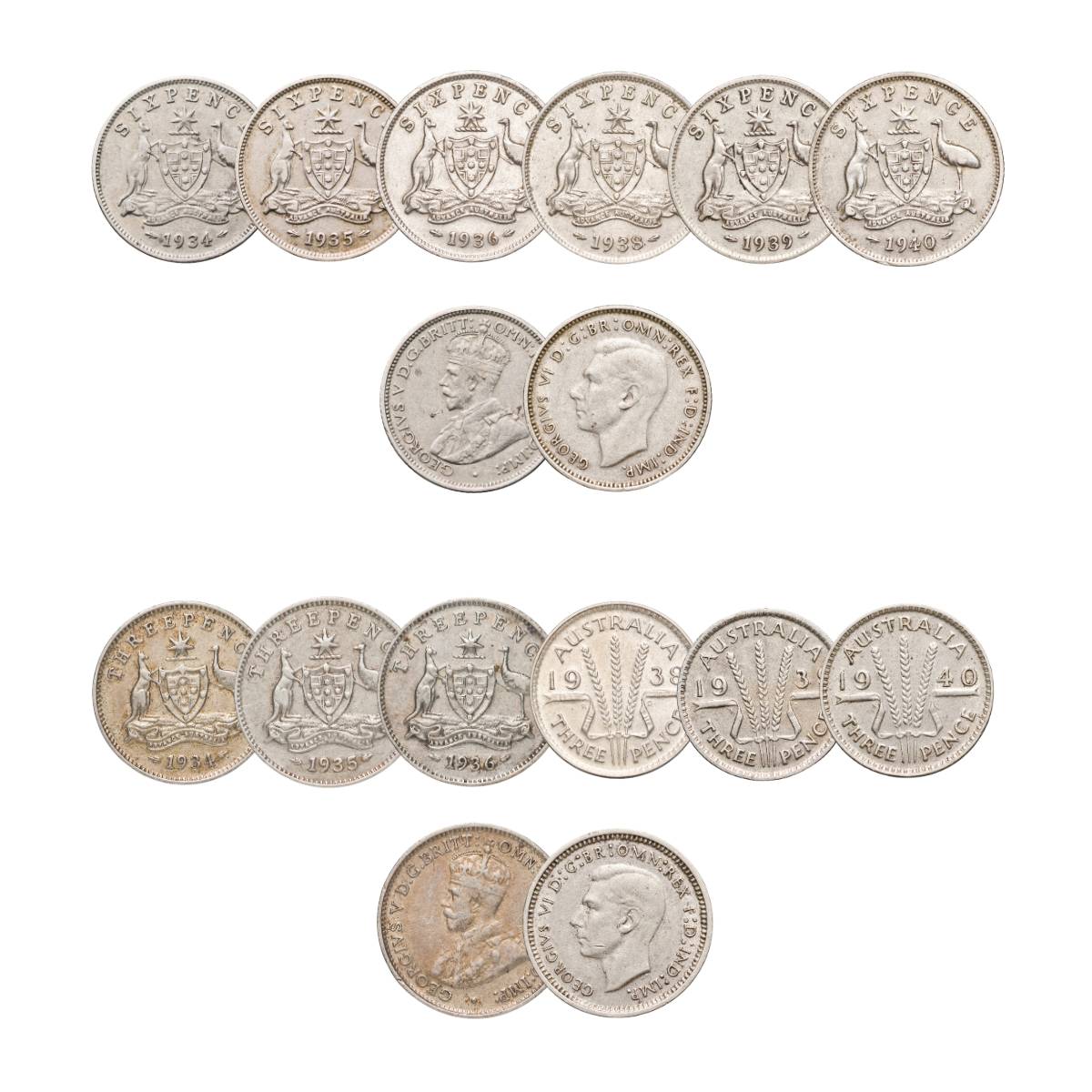 Australia George V & George VI 1934-40 Threepence & Sixpence Fine-Very Fine 12-Coin Set