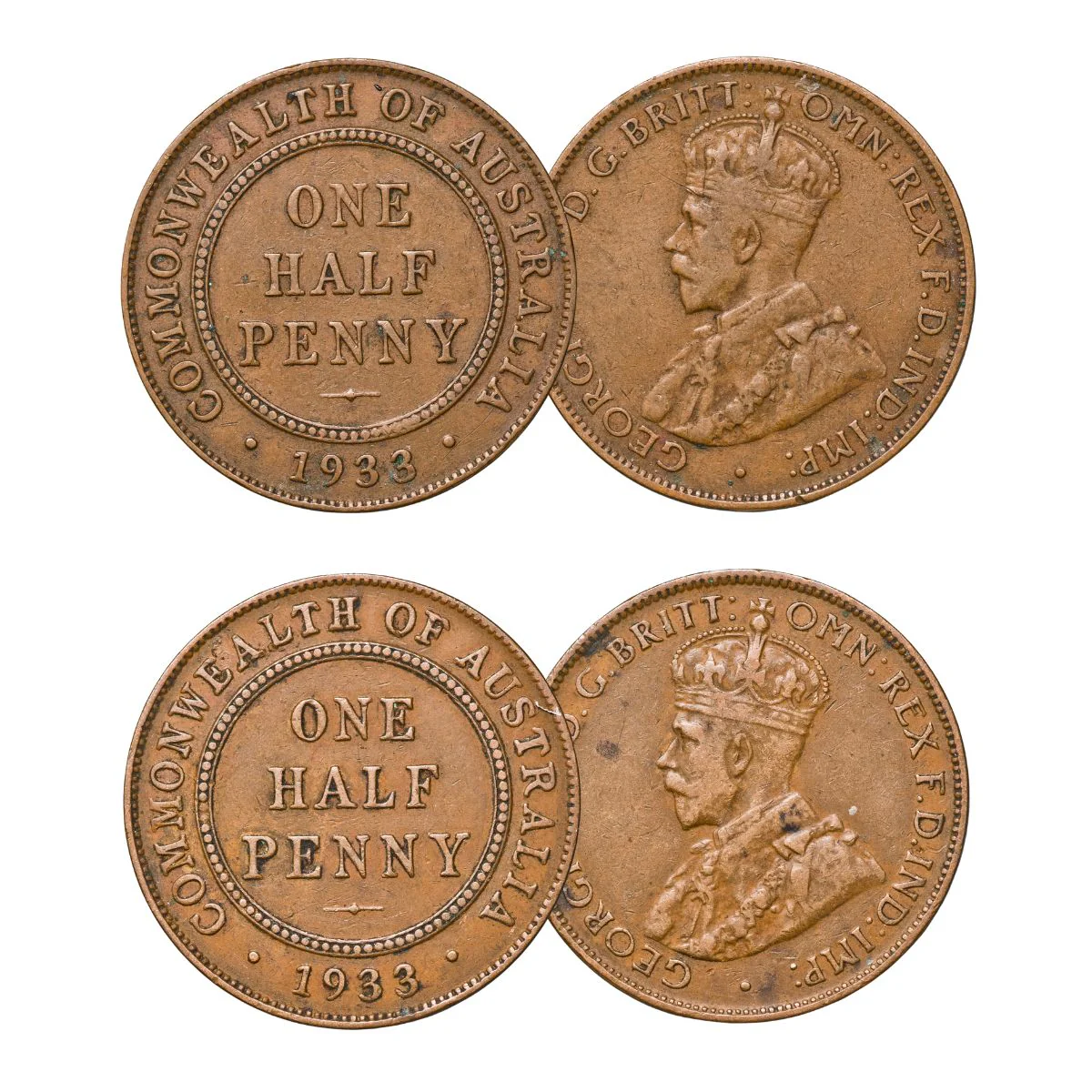 Australia George V 1933/32 Halfpenny Overdate & Standard Type Pair Very Fine