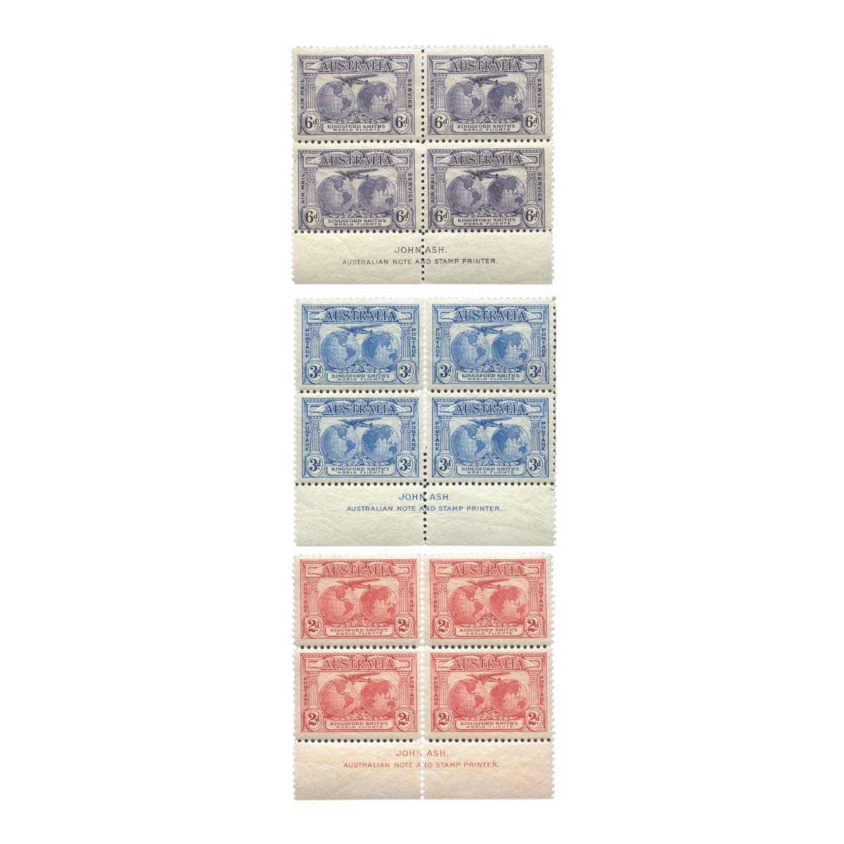 Australia 1934 2d, 3d & 9d Macarthur Stamps Ash Imprint Block of Four Set Mint Unhinged