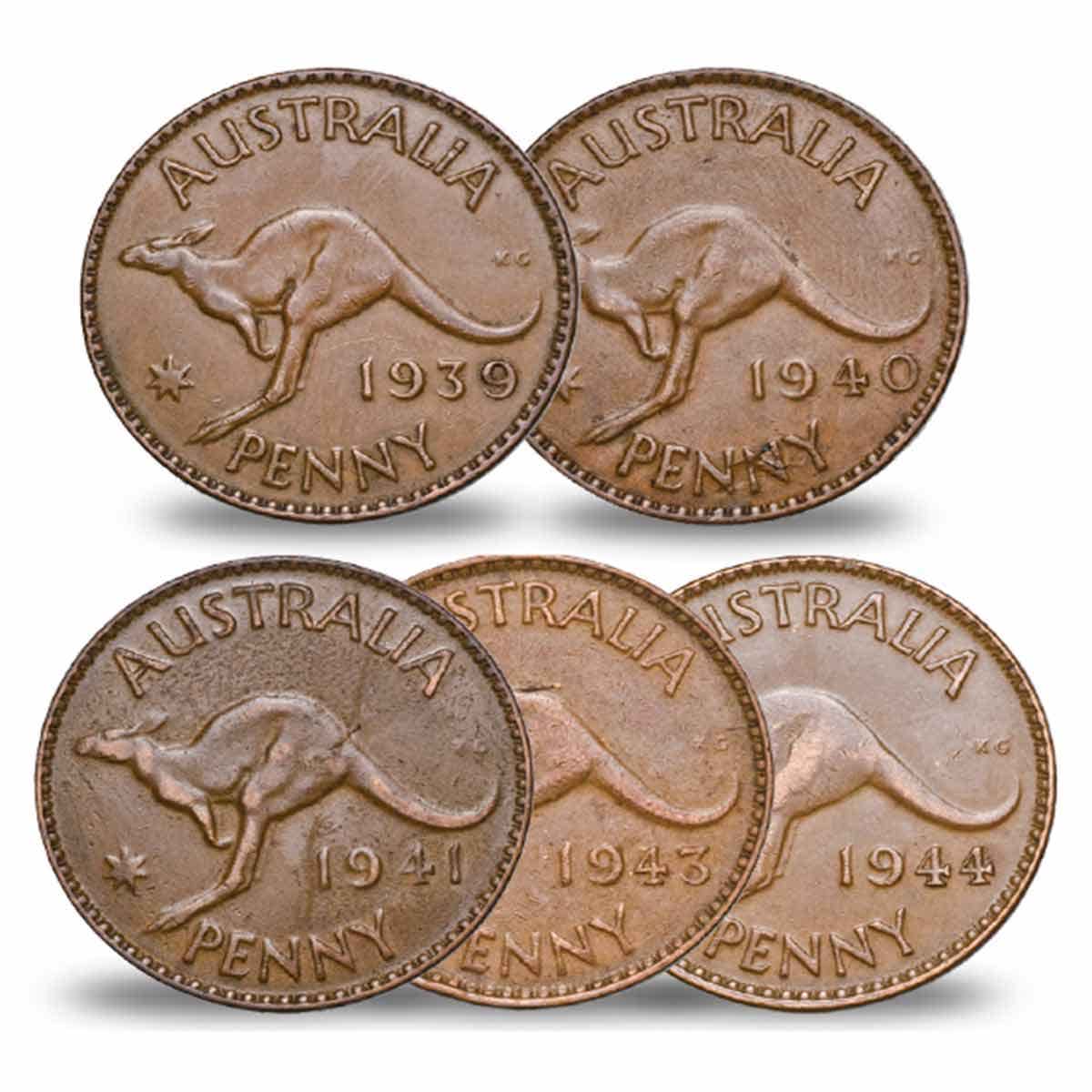 1939-44 Melbourne Mint Penny 5-Coin Set Very Fine - Image 6