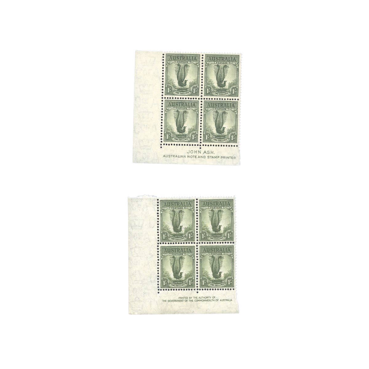 1940 & 1949 1/- Lyrebird John Ash & Authority Imprint Block of Four Pair MUH