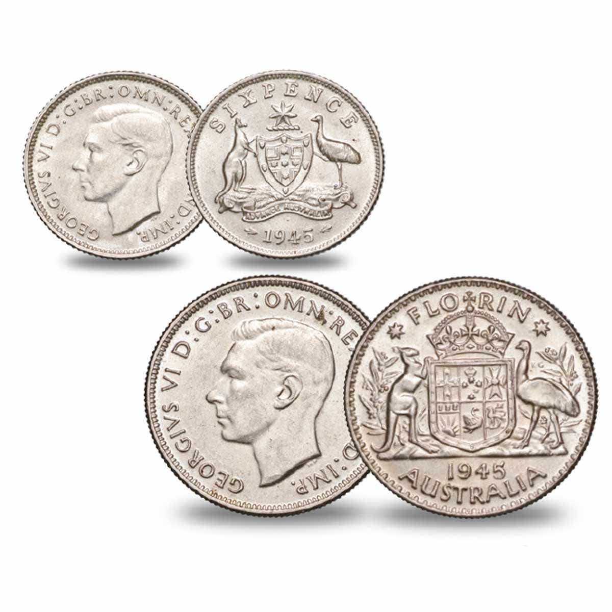 1945 Sixpence & Florin Pair about Uncirculated