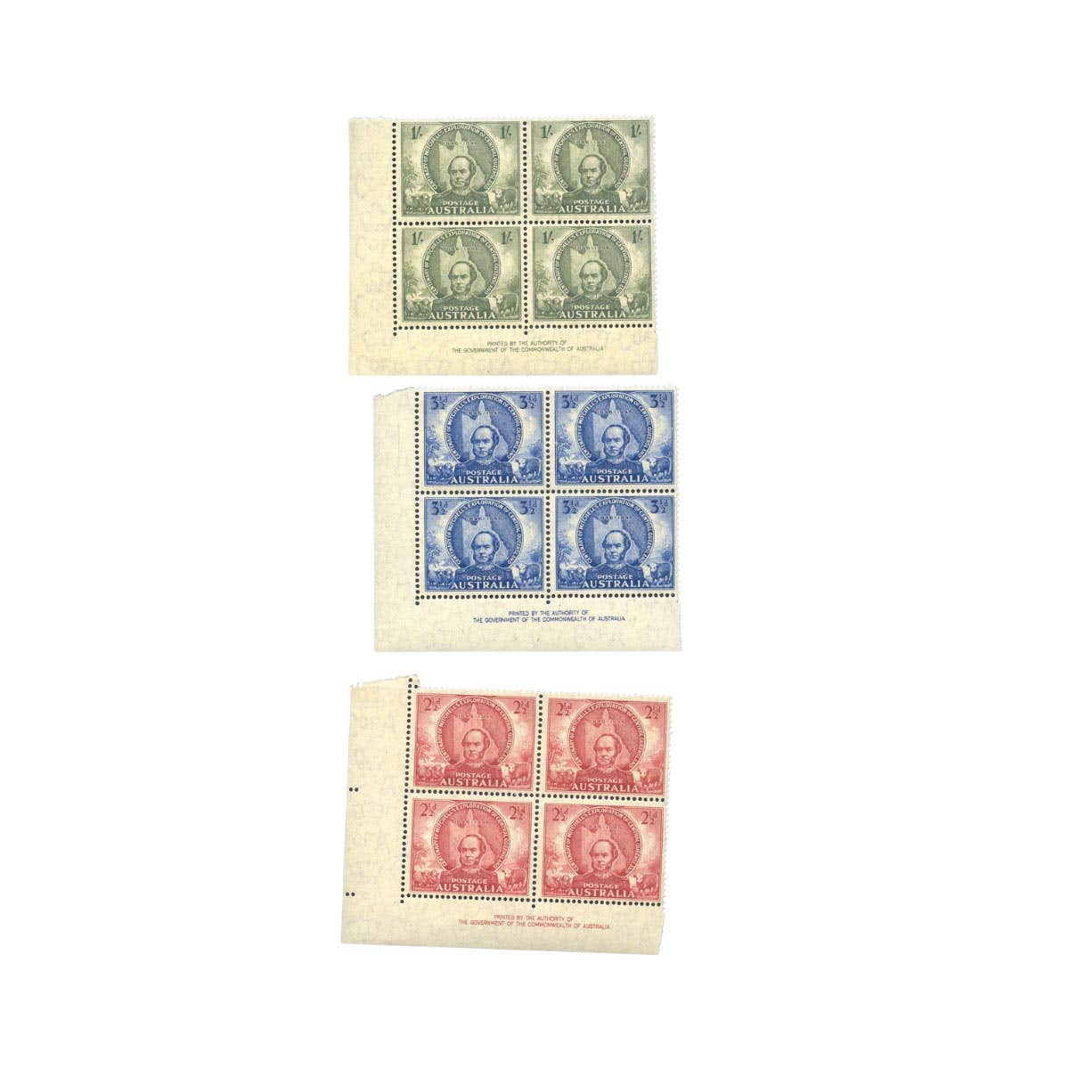 Australia 1946 2½, 3½d & 1/- Mitchell Stamps Authority Imprint Block of Four Set of 3 Mint Unhinged