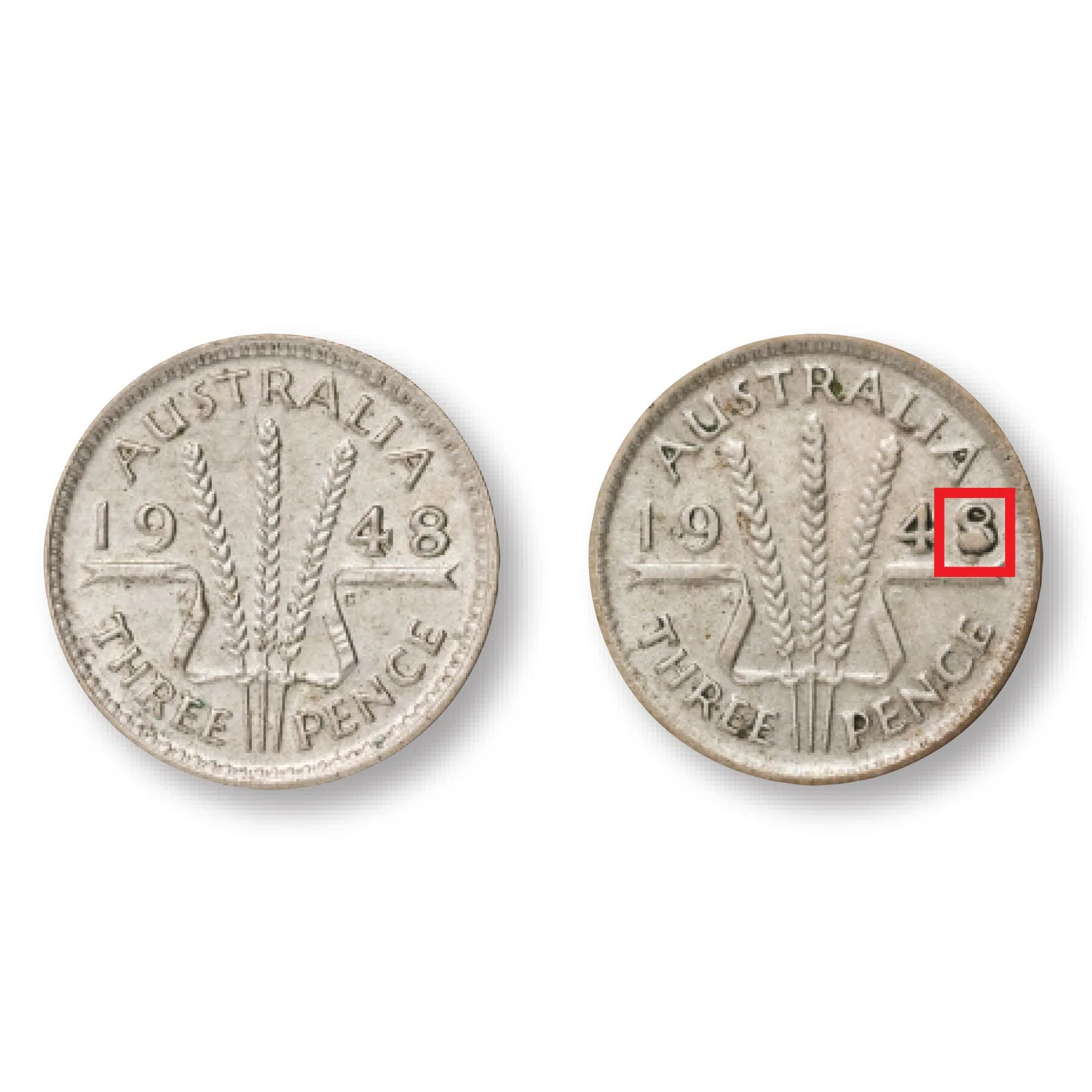 1948 Threepence Filled '8' & Standard Type Pair Very Fine