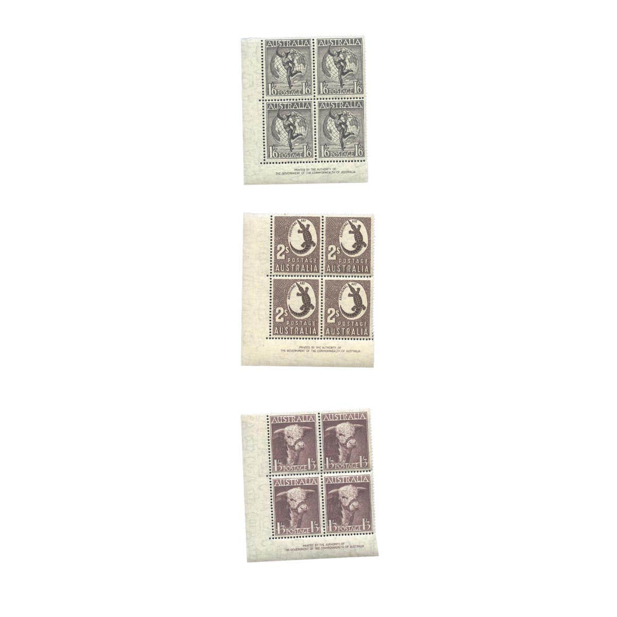 Australia 1948-49 High Value Pictorial Stamps Authority Imprint Block of Four Set of 3 Mint Unhinged