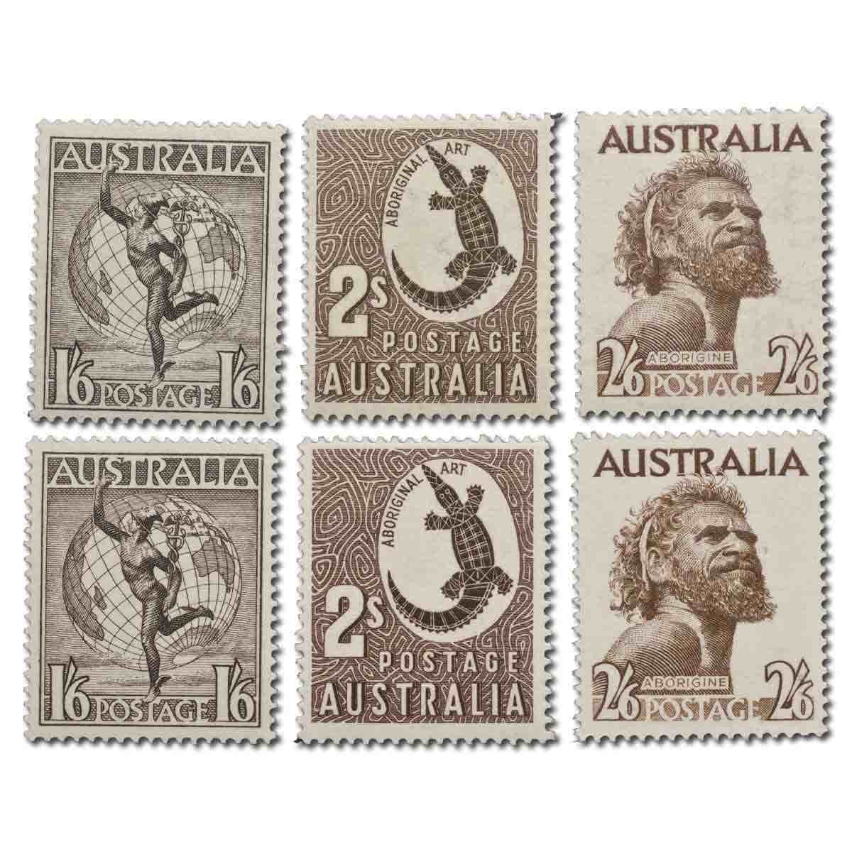 Australia 1948-56 1/6 Hermes, 2/- Crocodile, 2/6 Aboriginal Watermark & No Watermark 6-Stamp Set Mint Unhinged