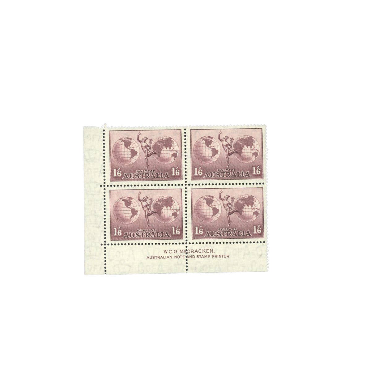 Australia 1949 1/6 Hermes Airmail Stamp McCracken Imprint Block of Four Watermarked Mint Unhinged