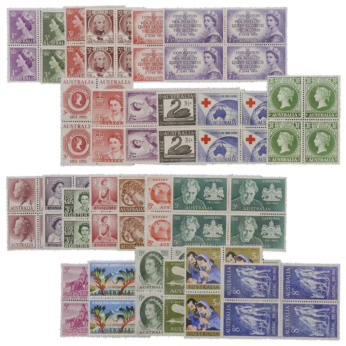 1953-65 Set of 25 Different Blocks of Four (100 stamps) Mint Unhinged