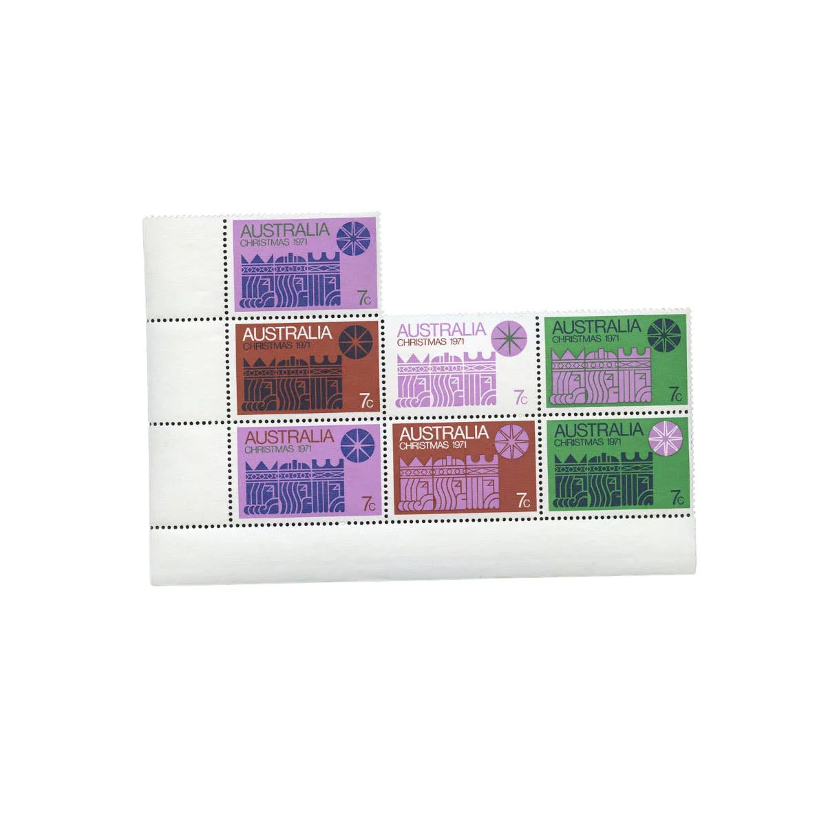 Australia 1971 7c Christmas Block of 7 White Paper Mint Unhinged