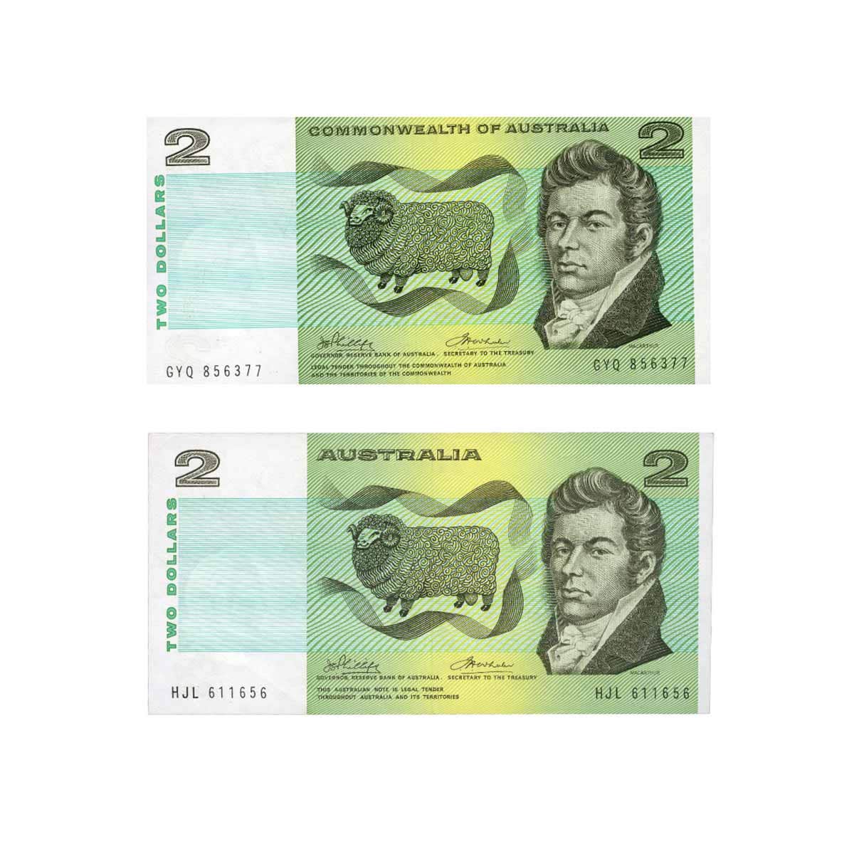 Australia Phillips/Wheeler 1972 $2 R84 Commonwealth & 1974 $2 R85 Australia Uncirculated Banknote Pair Uncirculated
