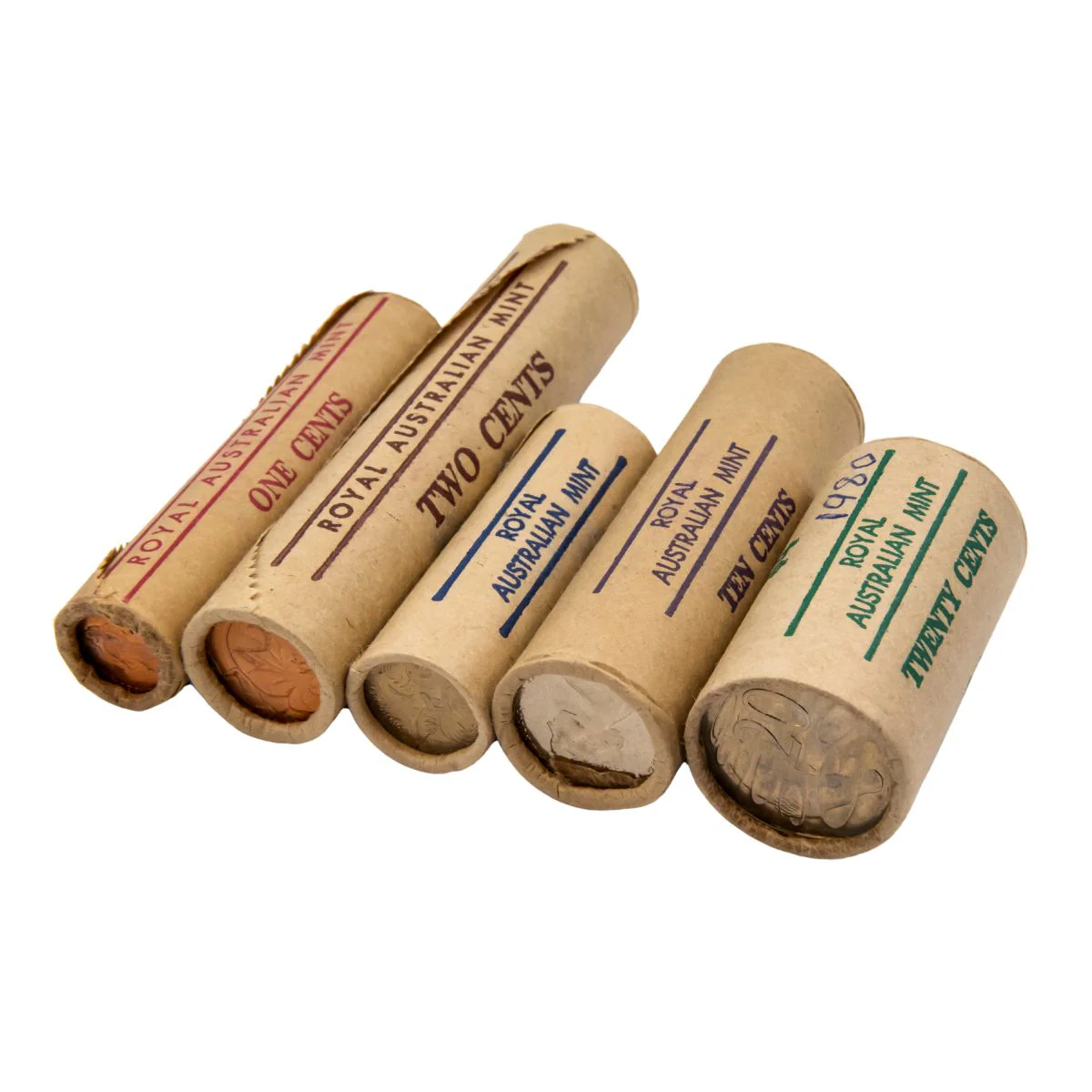 Australia 1980 1c, 2c, 5c, 10c & 20c Heads to Tails Uncirculated RAM Mint Rolls Set of Five (200 Coins)