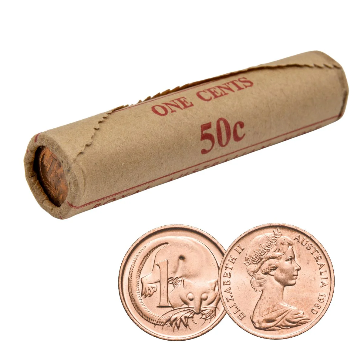 Australia 1980 1c Bronze Uncirculated 50-Coin Heads/Tails RAM Mint Roll