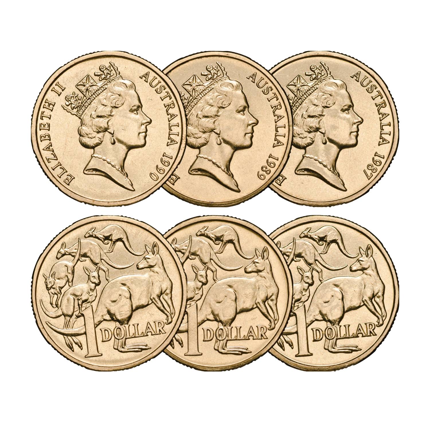 Australia 1987, 1989 & 1990 $1 Brilliant Uncirculated 3-Coin Set