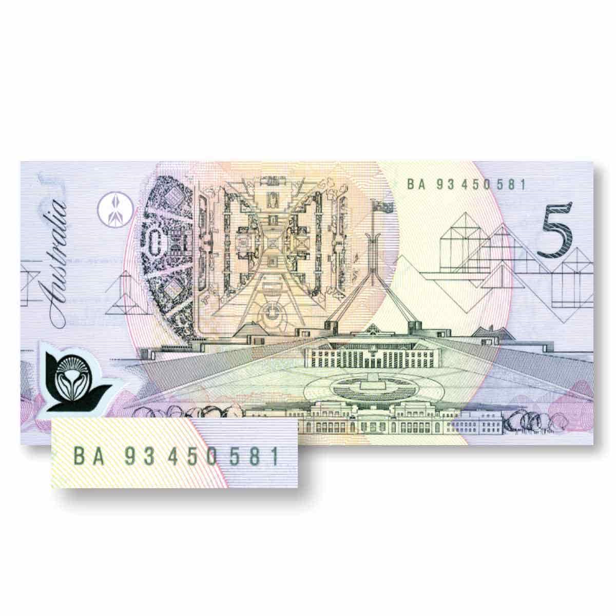 Australia 1993 $5 R216F Fraser/Evans BA93 First Prefix Uncirculated Banknote - Image 2