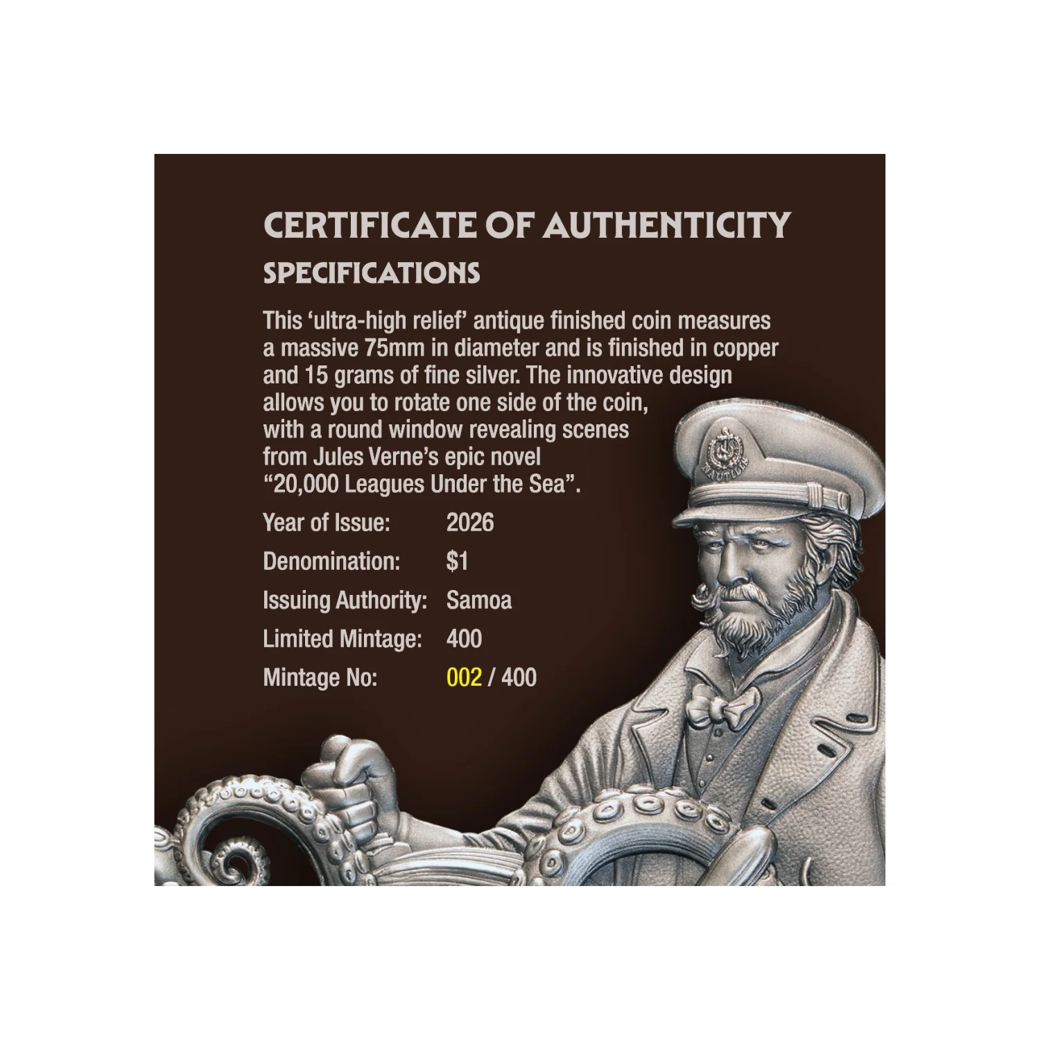 20,000 Leagues under the Sea 2026 $1 High Relief Rotating Silver & Copper Bimetal Antique Coin - Image 6