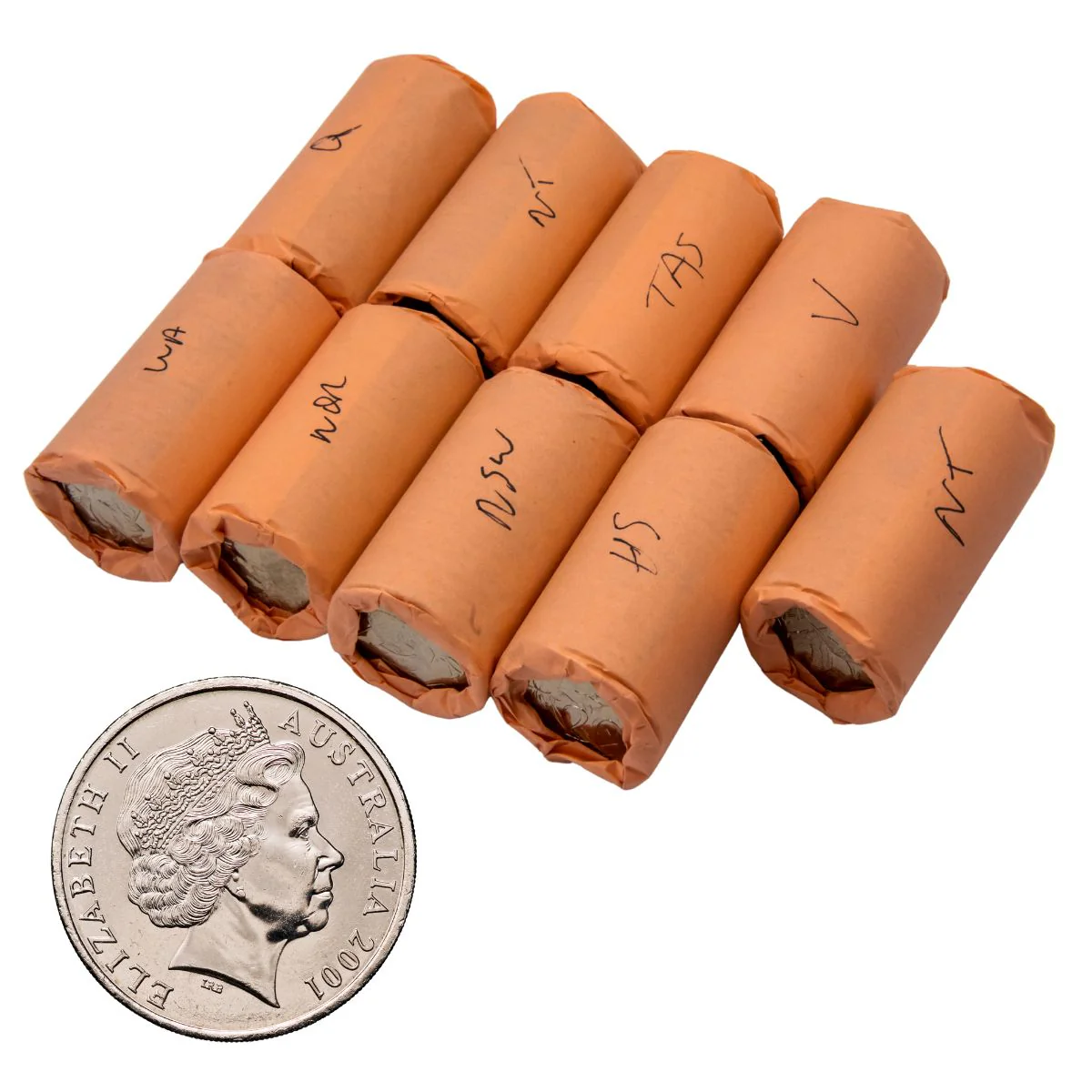 Australia Federation 2001 20c States & Territories Complete Set of Nine Uncirculated 20-Coin Private Rolls (ex RAM bags)