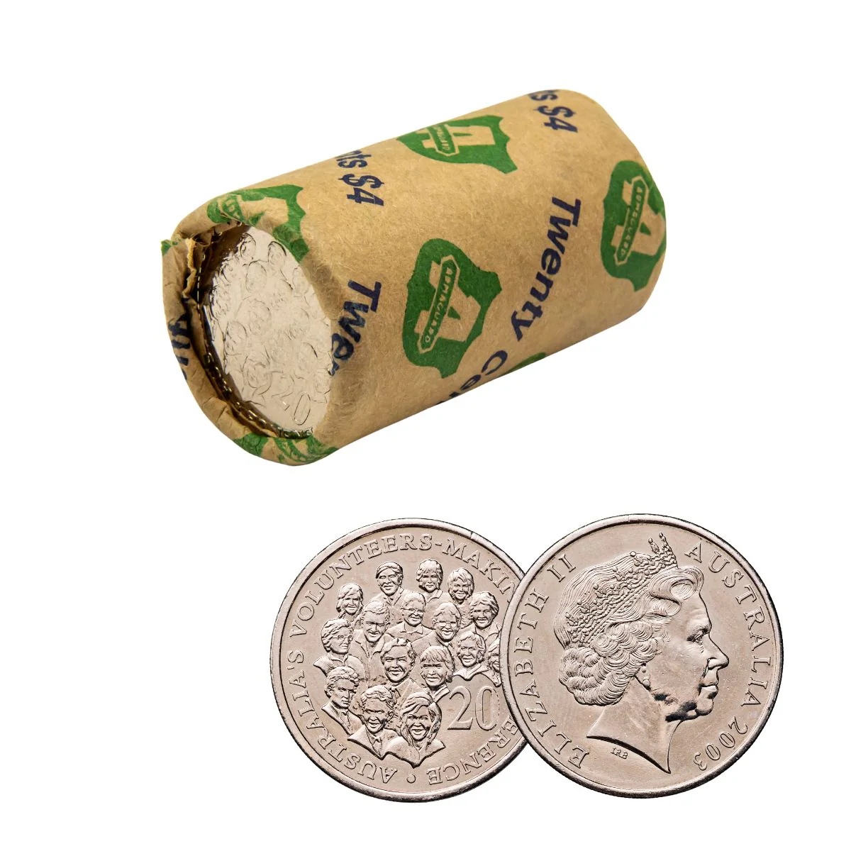 Australia 2003 20c Australian Volunteer 20-Coin Heads/Tails Mint Roll (20 BU Coins)