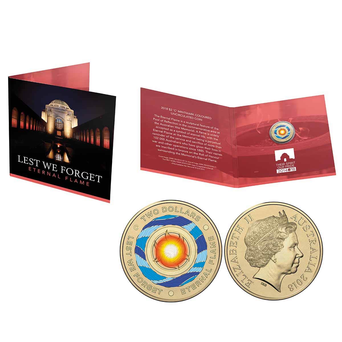 Australia 2018 $2 Lest We Forget C Mintmark Colour Aluminium-Bronze Uncirculated Coin