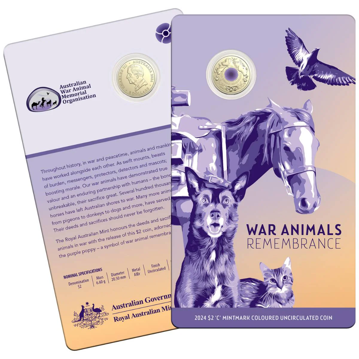 Australia War Animals Remembrance 2024 $2 C Mintmark Colour Aluminium-Bronze Uncirculated Coin - Image 4
