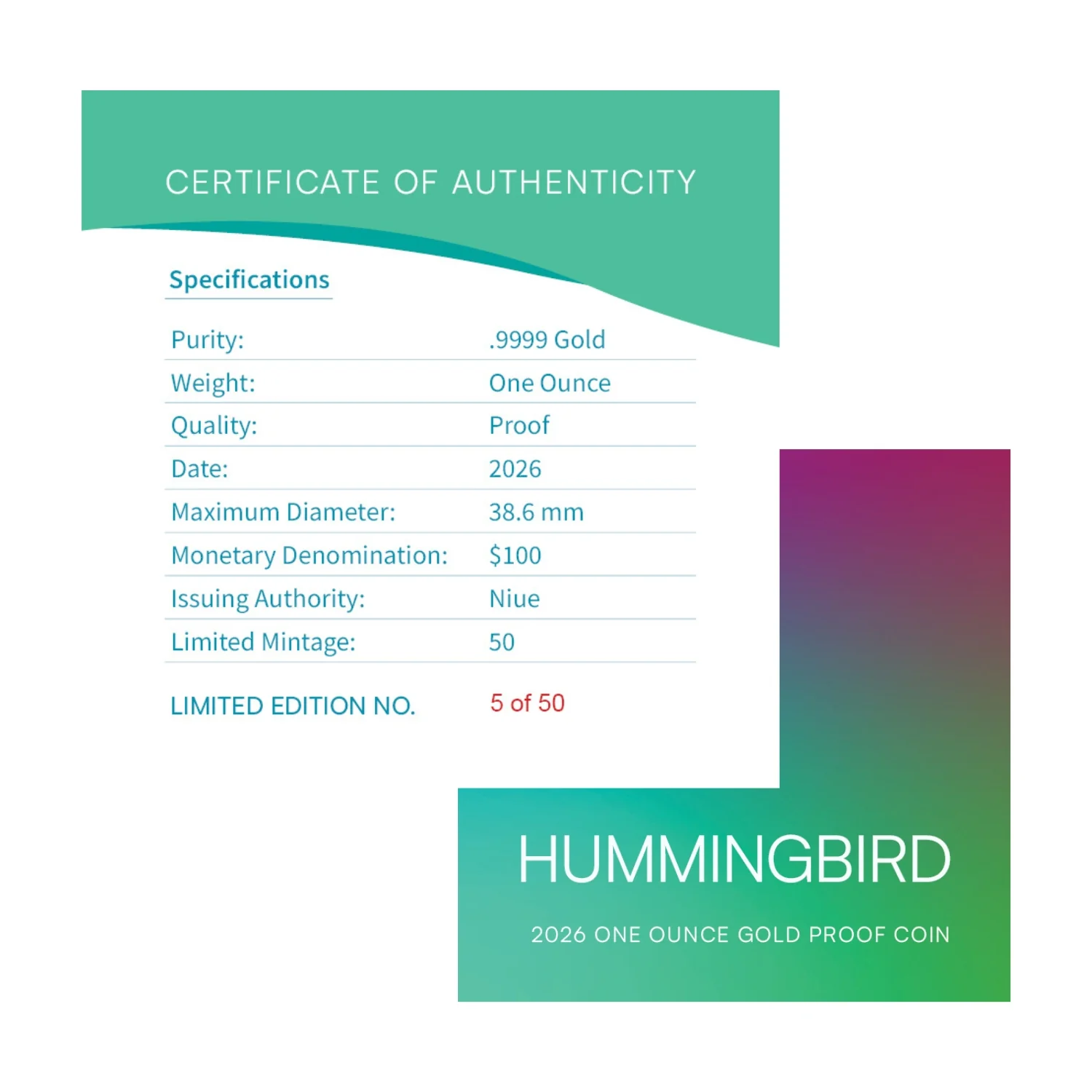 Hummingbird 2026 $100 1oz Gold Proof Coin - Image 4