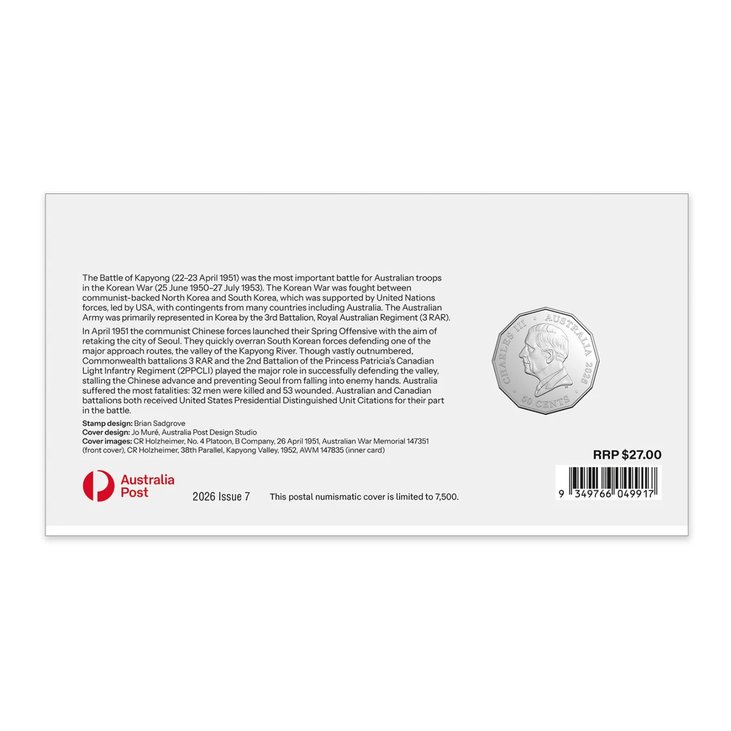 Australia Battle of Kapyong 75th Anniversary 2026 50c Stamp & Coin Cover - Image 4