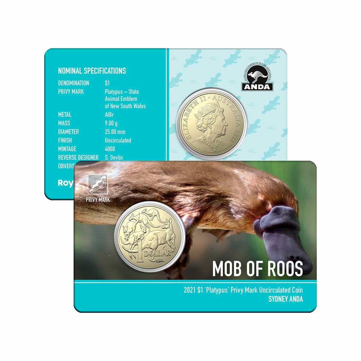 ANDA Sydney Money Expo 2021 $1 Platypus Privymark Aluminium-Bronze Uncirculated Coin - Image 3