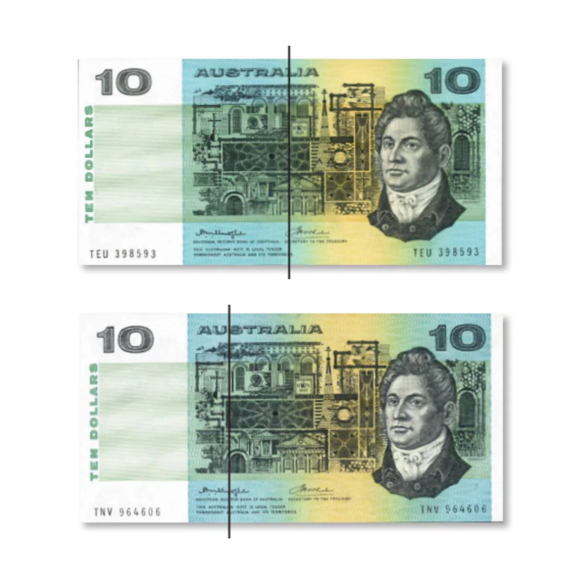 1976 $10 R306a & R306b Knight/Wheeler with centre & side thread pair Uncirculated (2 notes)