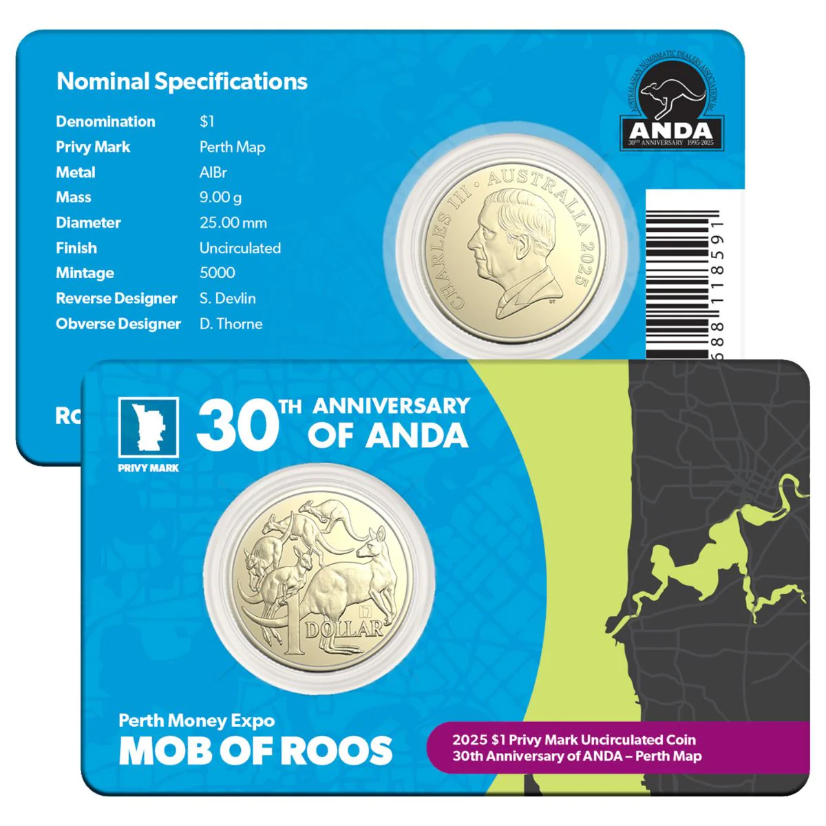 Australia ANDA Perth Money Expo 2025 $1 ANDA 30th Anniversary Map of Perth Privymark Uncirculated Coin