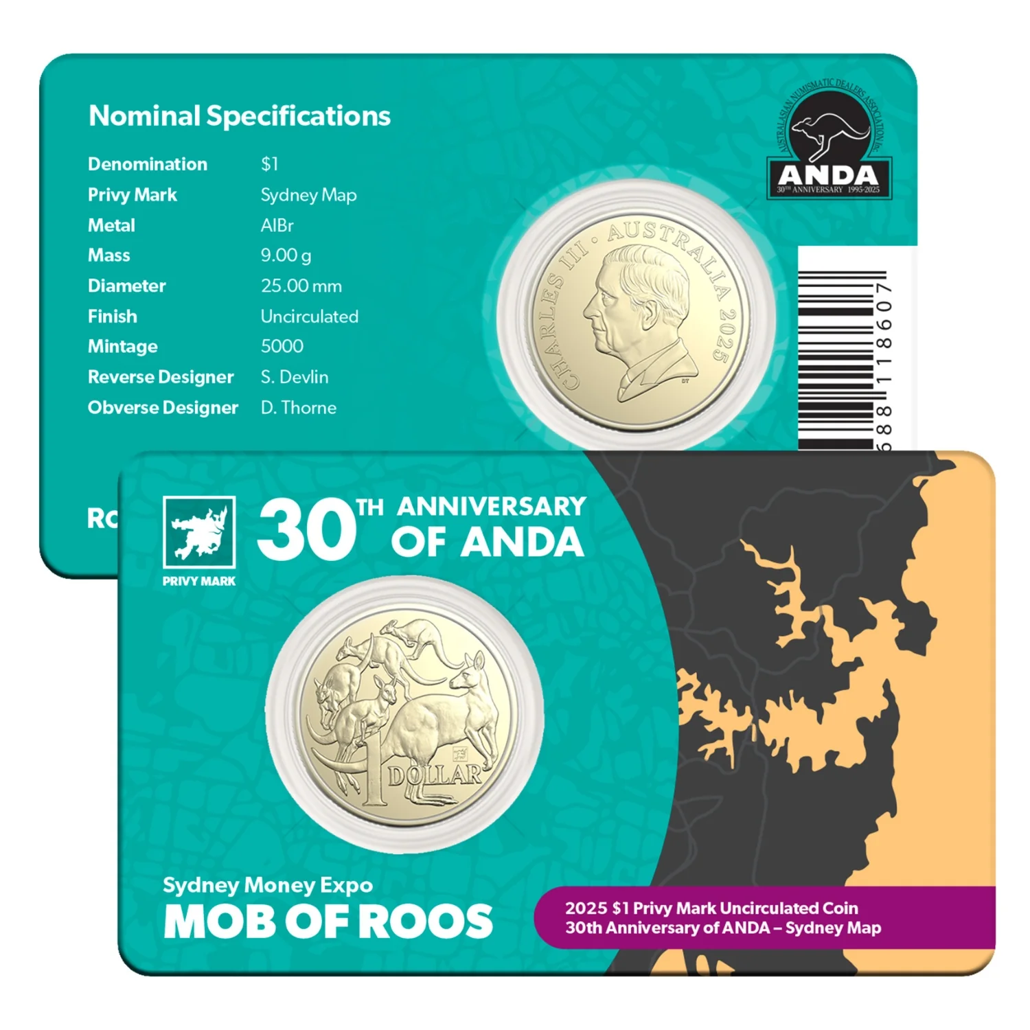 Australia ANDA Sydney Money Expo 2025 $1 ANDA 30th Anniversary Map of Sydney Privymark Uncirculated Coin
