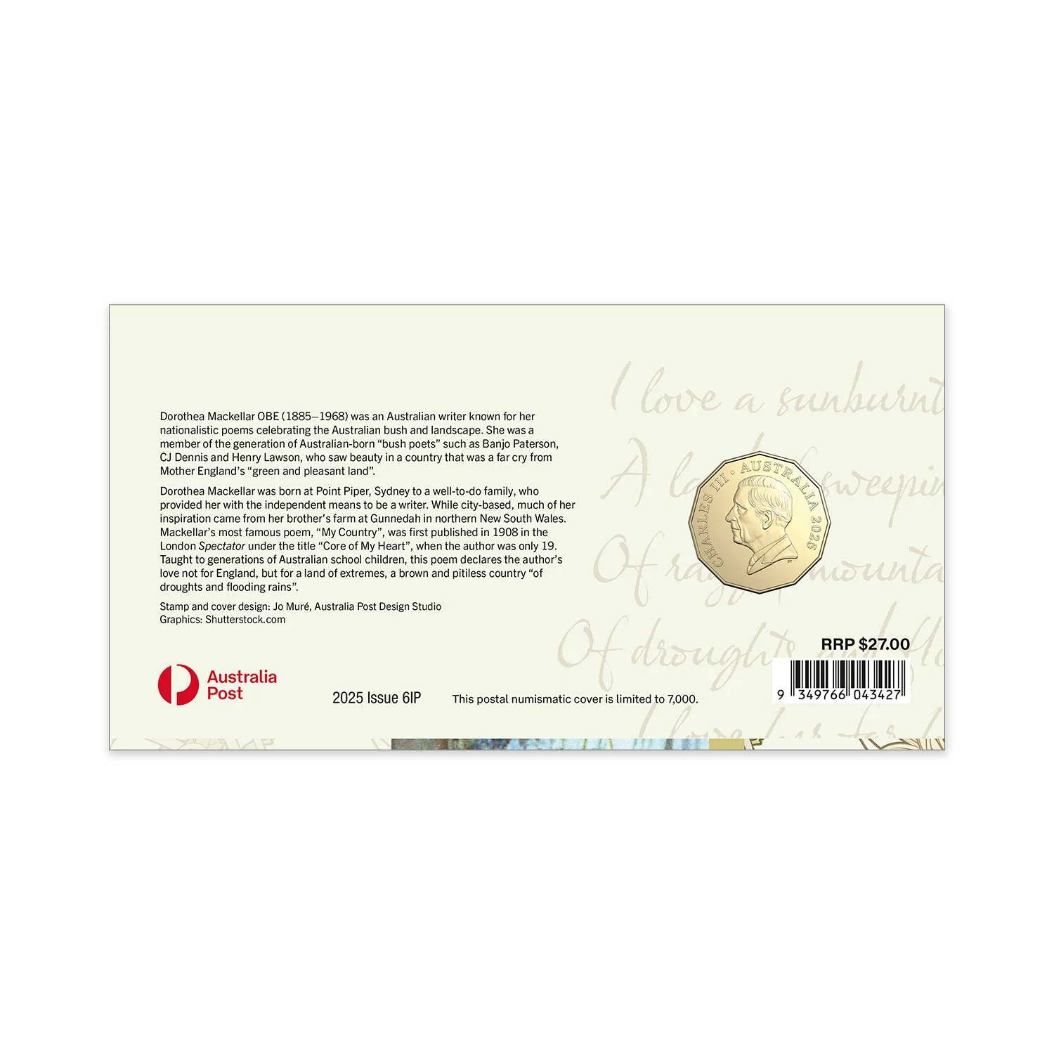 Australia Dorothea Mackellar - My Country 2025 50c Stamp & Coin Cover - Image 6