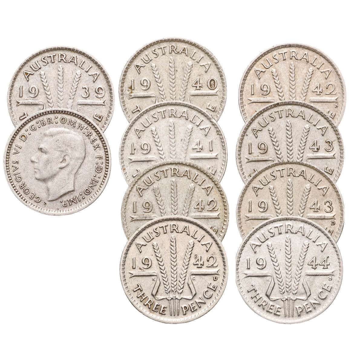 Australia George VI 1939-44 Complete Threepence Fine-Very Fine 10-Coin Set