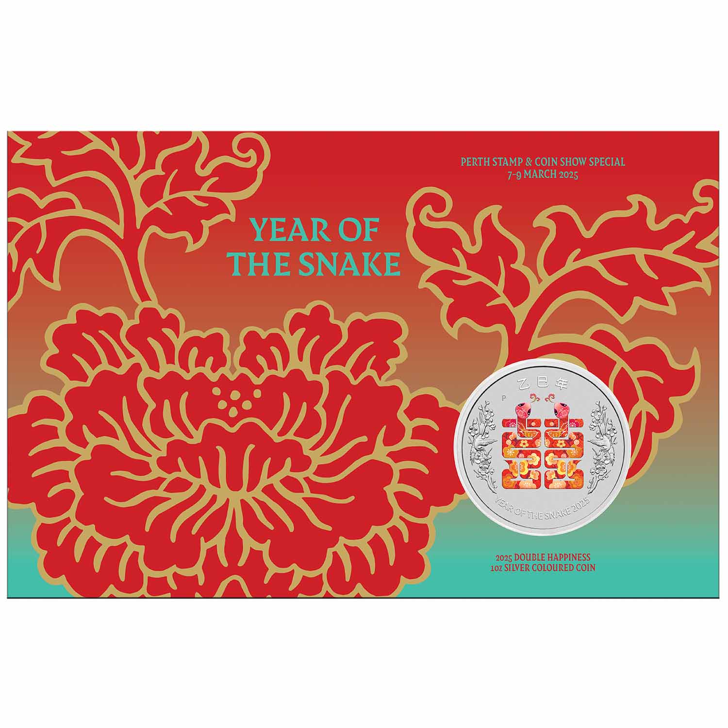 Australia Perth Stamp & Coin Show 2025 $1 Year of the Snake Double Happiness Colour 1oz Silver Uncirculated Coin