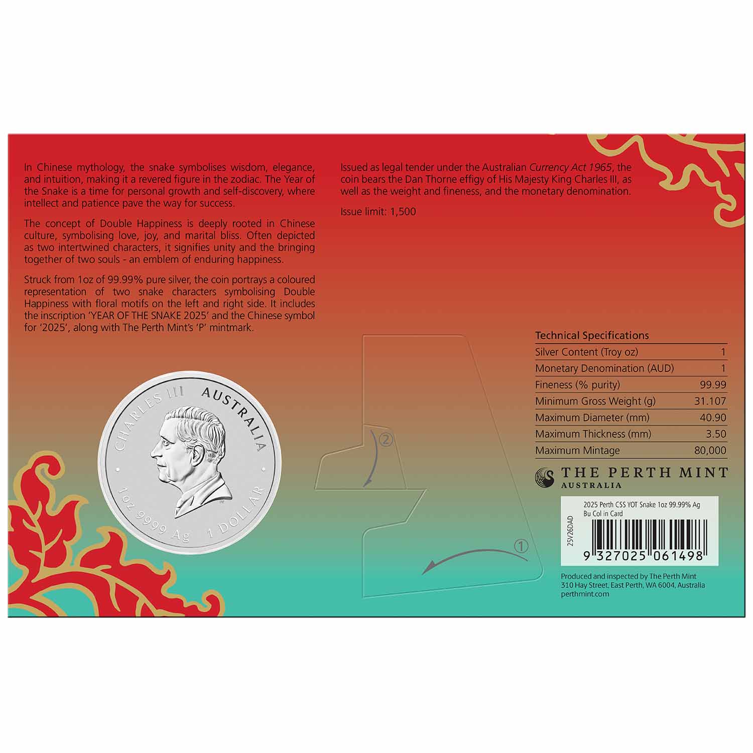 Australia Perth Stamp & Coin Show 2025 $1 Year of the Snake Double Happiness Colour 1oz Silver Uncirculated Coin - Image 2