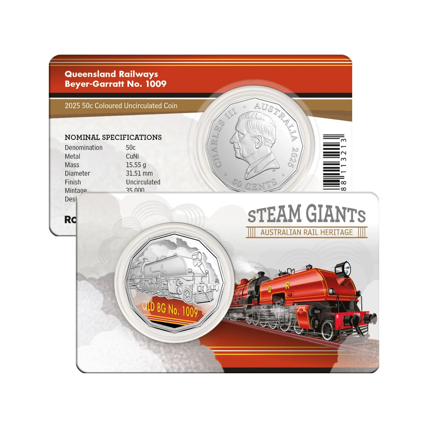 Australia Steam Giants 2025 50c Queensland Railways Beyer-Garratt No.1009 Colour Cupro-Nickel Uncirculated Coin