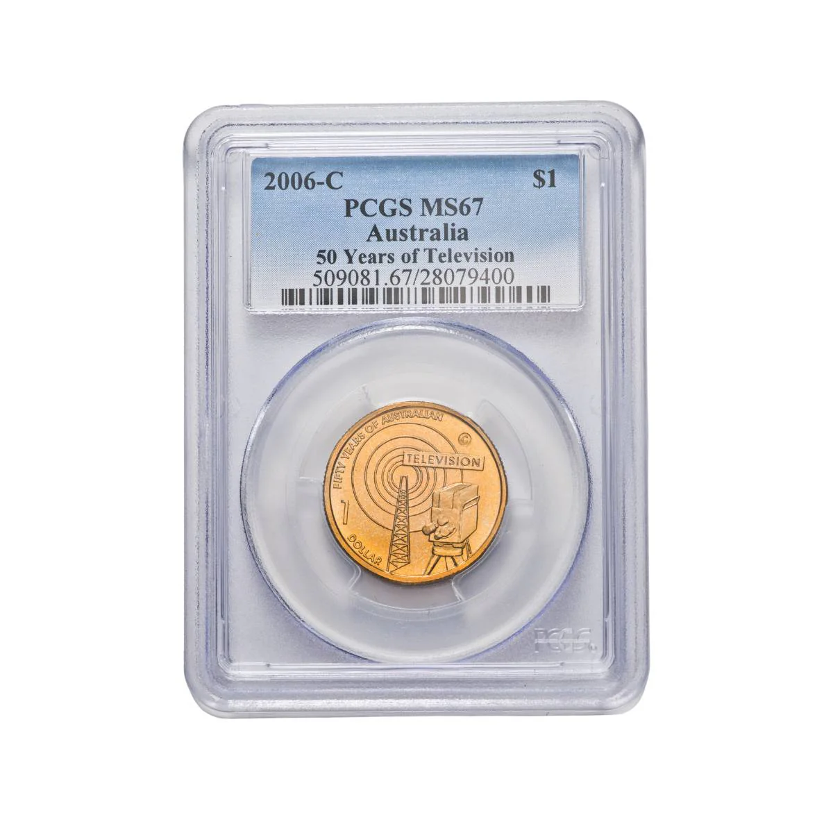 Australia Television 50th Anniversary 2006 $1 C Mintmark Aluminium-Bronze Coin PCGS MS67 (Gem Uncirculated)