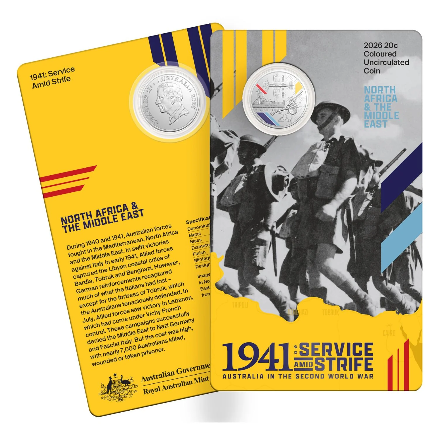 Australia WWII Service Amid Strife 2026 20c Colour Cupro-Nickel Uncirculated 3-Coin Set - Image 5