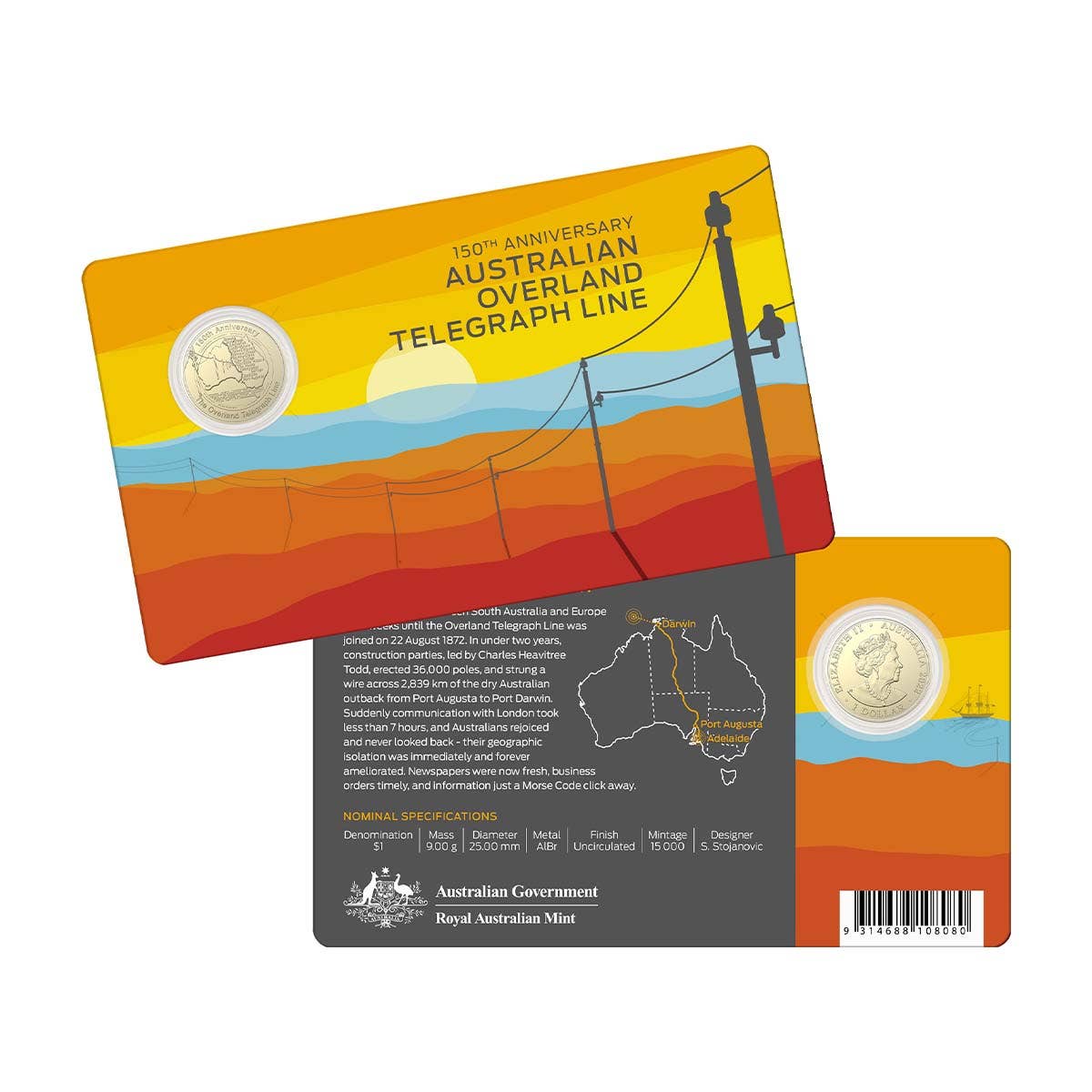 Australian Overland Telegraph Line 150th Anniversary 2022 $1 Al-Br Uncirculated Coin - Image 3