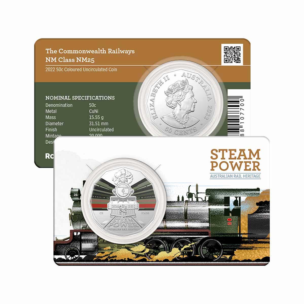 Australian Steam Trains Commonwealth NM 25d 2022 50c Coloured CuNi Uncirculated Coin