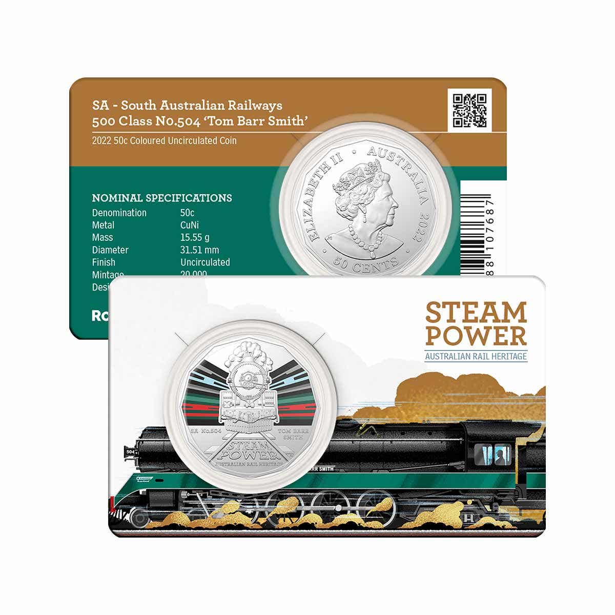 Australian Steam Trains South Australia Tomm Barr Smith 2022 50c Coloured CuNi Uncirculated Coin