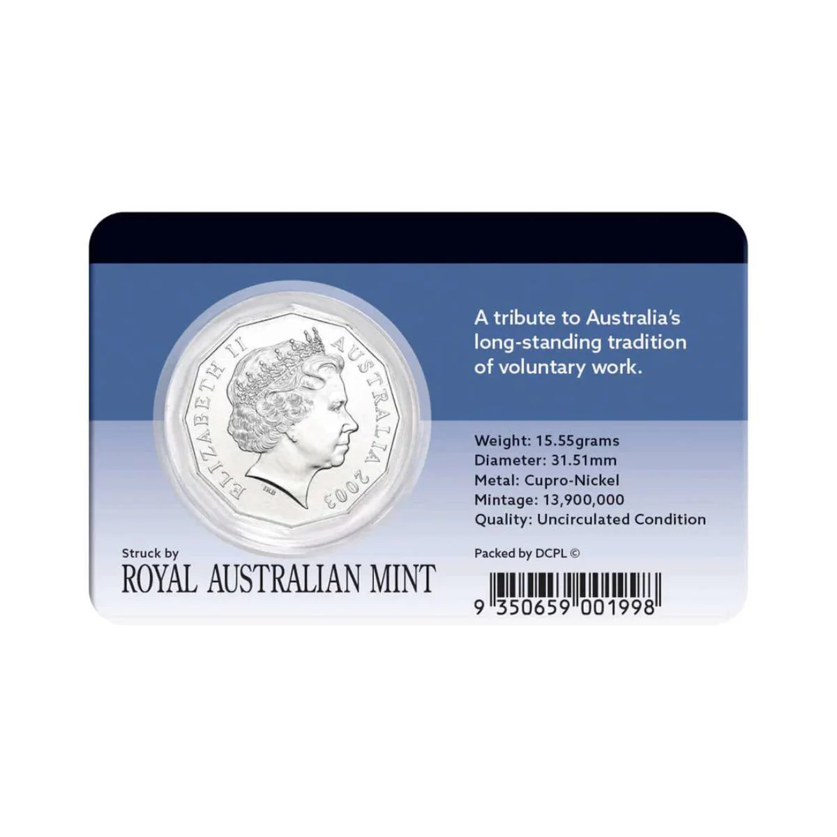 Australia Volunteers 2003 50c Cupro-Nickel Uncirculated Coin Pack - Image 2