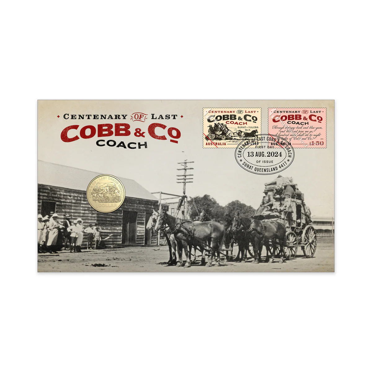 Centenary of Cobb & Co’s Last Coach Passenger Service 2024 $1 Stamp & Coin Cover