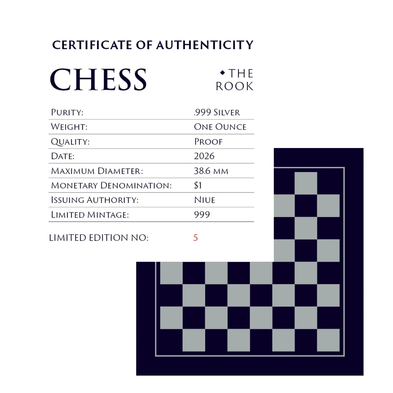 Chess Rook 2026 $1 1oz Silver Black Proof Coin - Image 5